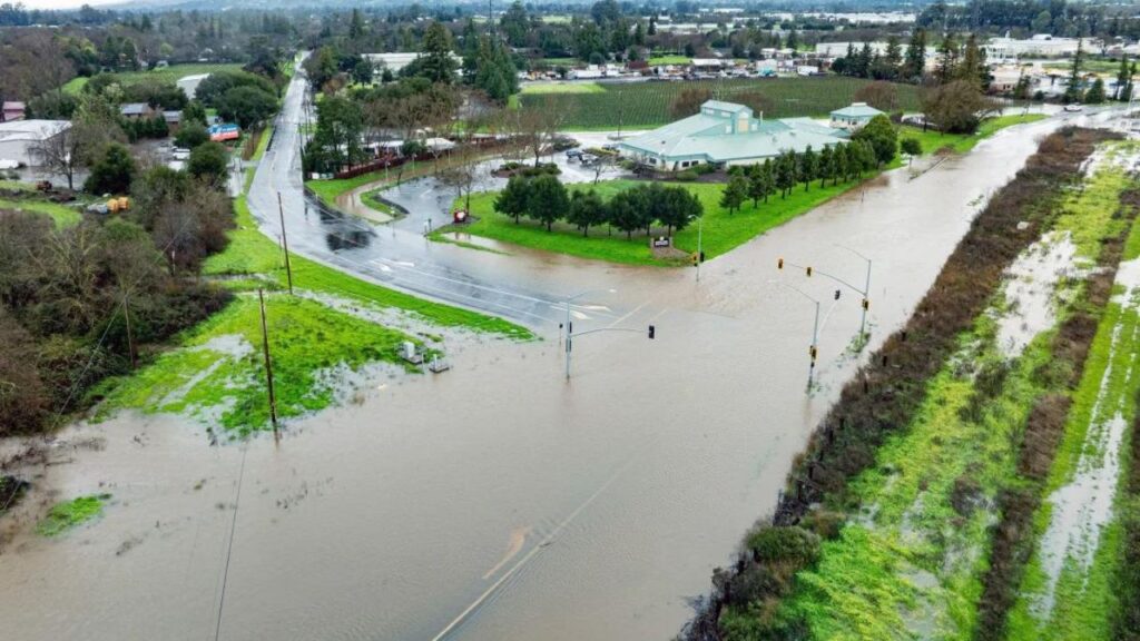 In Sonoma, California, a closed road is seen to be flooded.