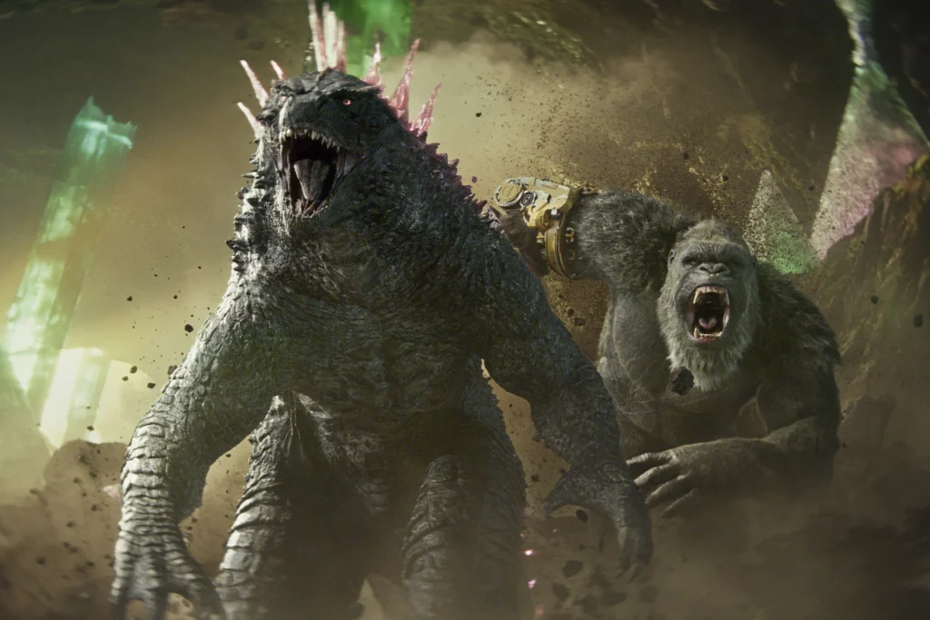 This image released by Warner Bros. Picture shows Godzilla, left, , and a kong in a scene from "Godzilla x Kong: The New Empire.