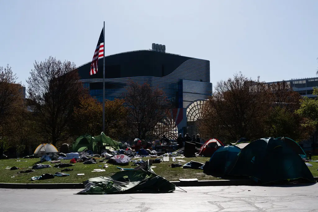 The remains of the “Liberated Zone” encampment on Northeastern University’s campus.