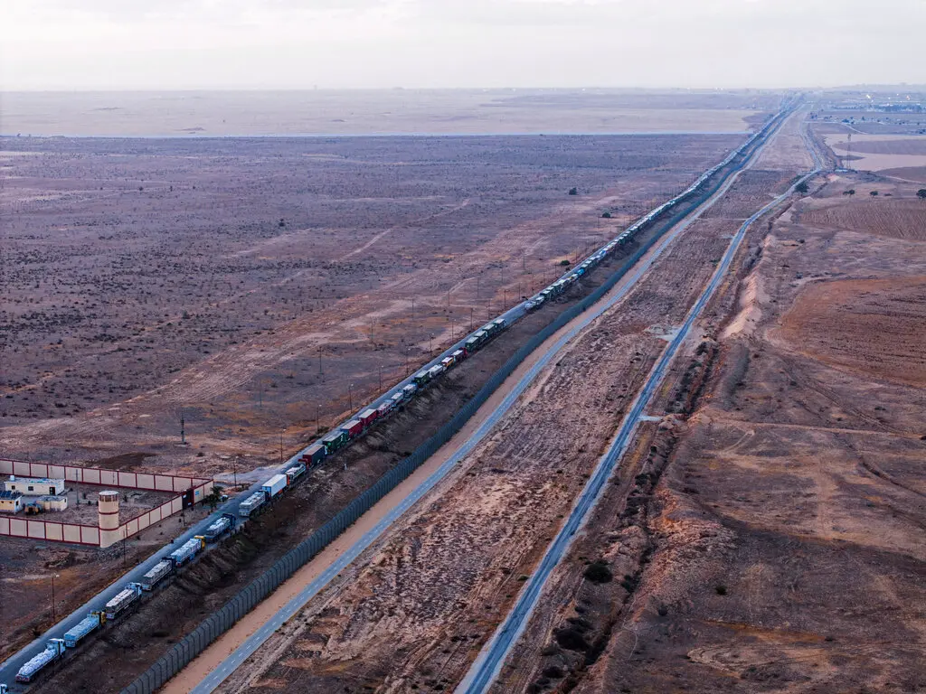 Trucks waiting on an Egyptian road along the border with Israel, near the Rafah border crossing with Gaza, earlier this month.