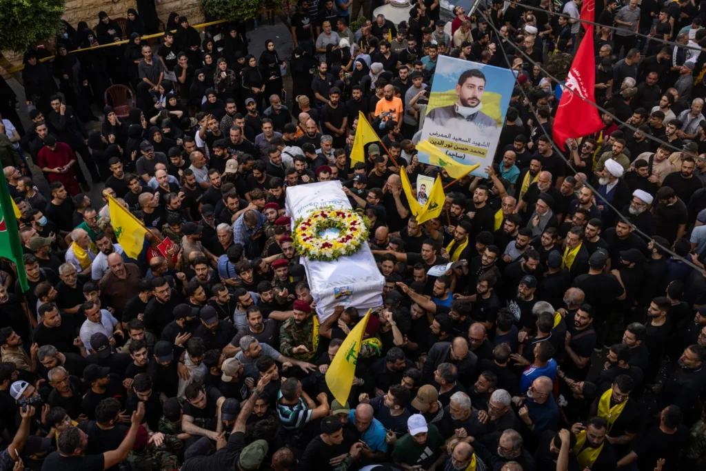 A funeral in Beirut on Wednesday for people killed by the exploding devices.